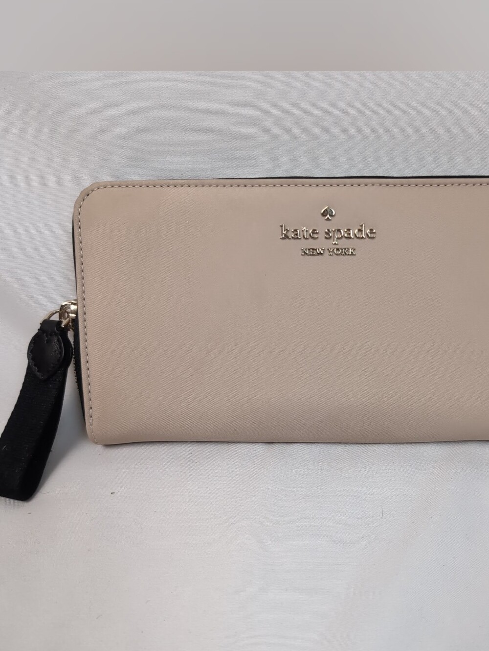 Kate Spade Nylon Beige Wristlet W/Black & Gold Accents